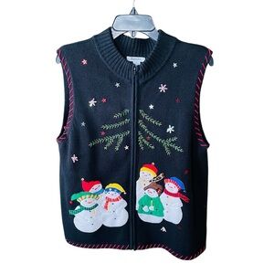 Hampshire Studio full zip Christmas sweater vest snowmen embellished L black